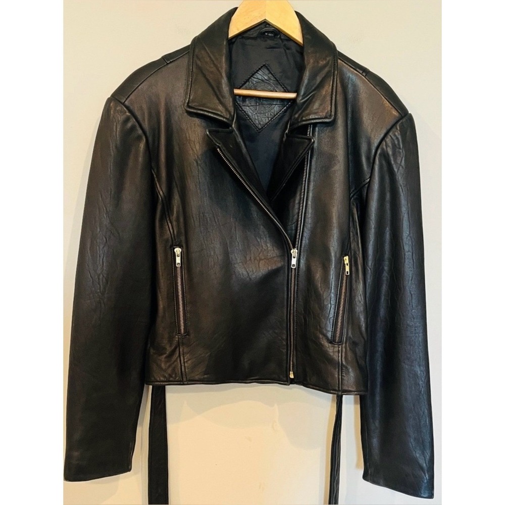 Jacqueline Ferrar Vintage Moto Jacket Leather Black XL Cropped Back Ties